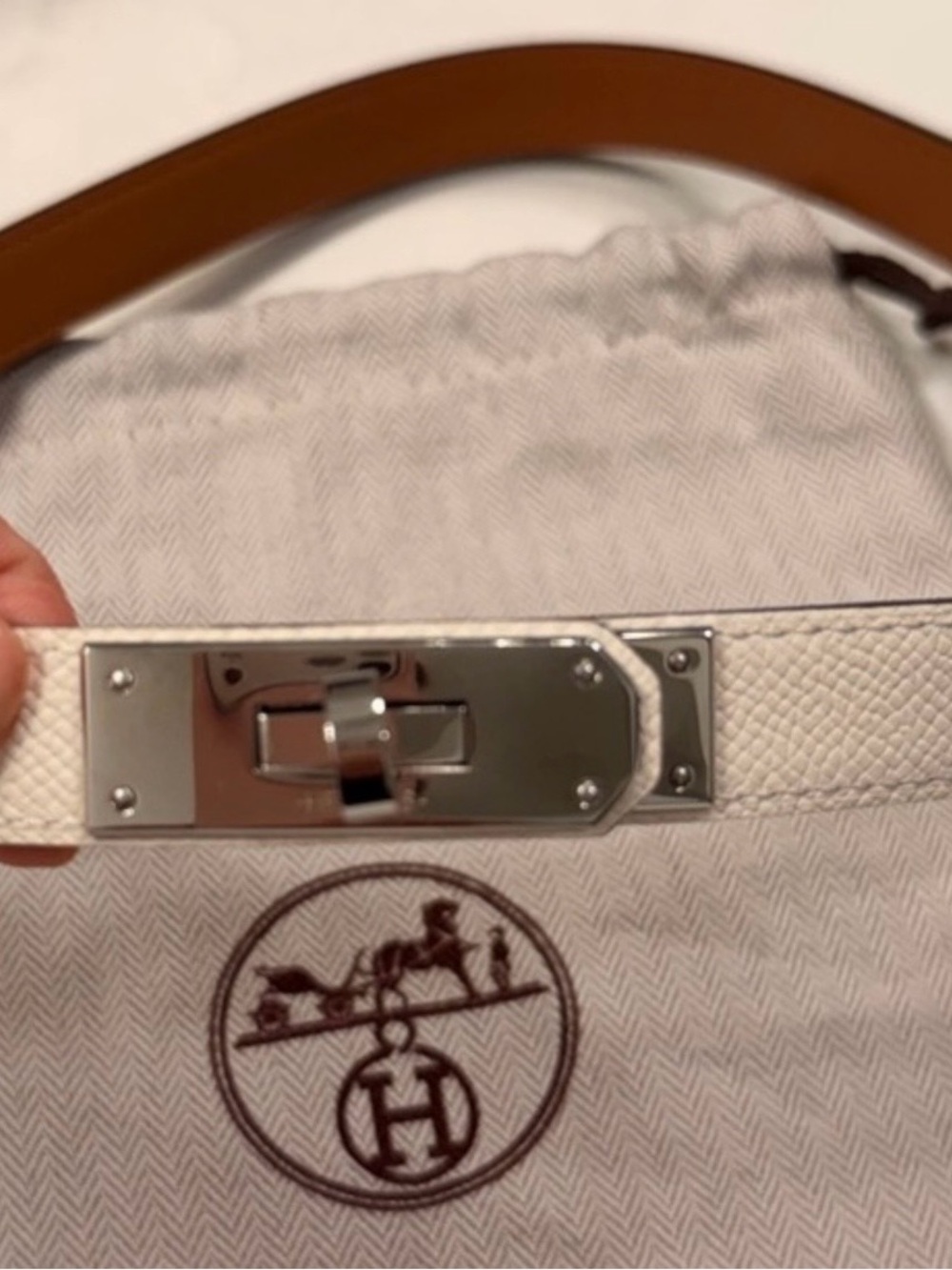 Hermes White Epsom Leather Kelly Dog Collar Strap with Silver Hardware